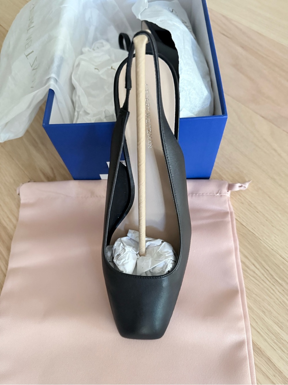 Stuart Weitzman Black Slingback Heels with Pearl-Stud Block Heel - Picture 3 of 6